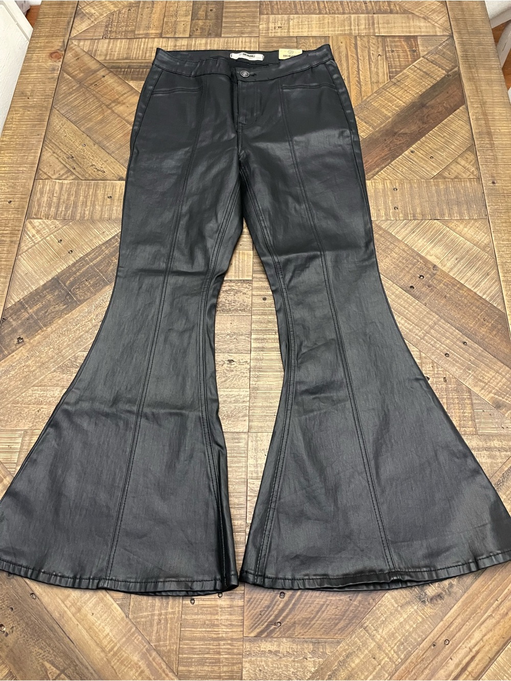 NWT Rock & Roll Denim Coated Faux Leather Bargain Button Bell Flare Pants